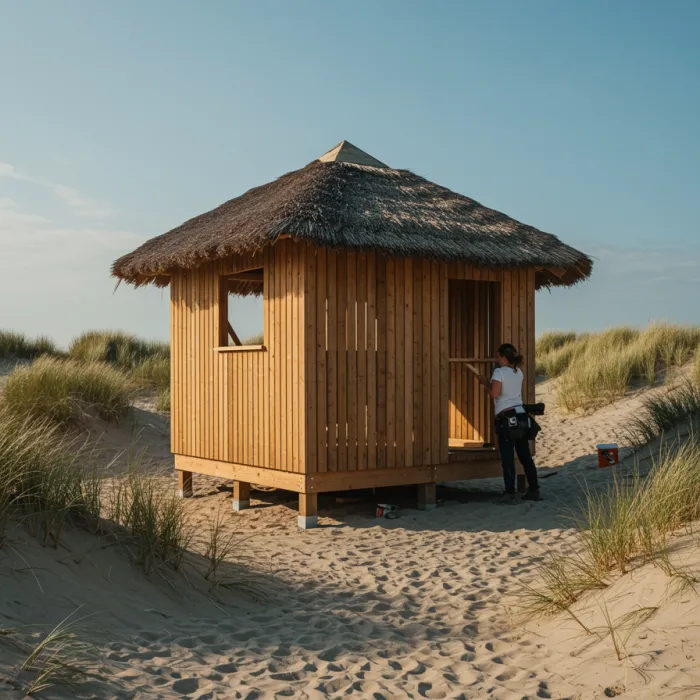 img seccion 6 2 "Carpintera blanca añadiendo detalles finales a una cabaña de playa sostenible de madera, rodeada de dunas, con un diseño elegante y toques de paja bajo el sol brillante."