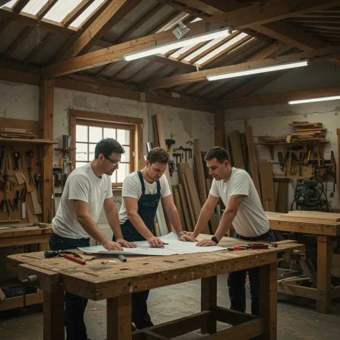 img seccion 4 "Taller acogedor con carpinteros colaborando en planos sobre un banco de trabajo, destacando la artesanía y el uso de materiales sostenibles."