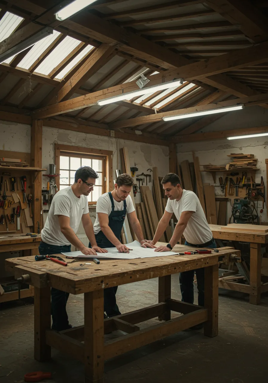 img seccion 4 "Taller acogedor con carpinteros colaborando en planos sobre un banco de trabajo, destacando la artesanía y el uso de materiales sostenibles."