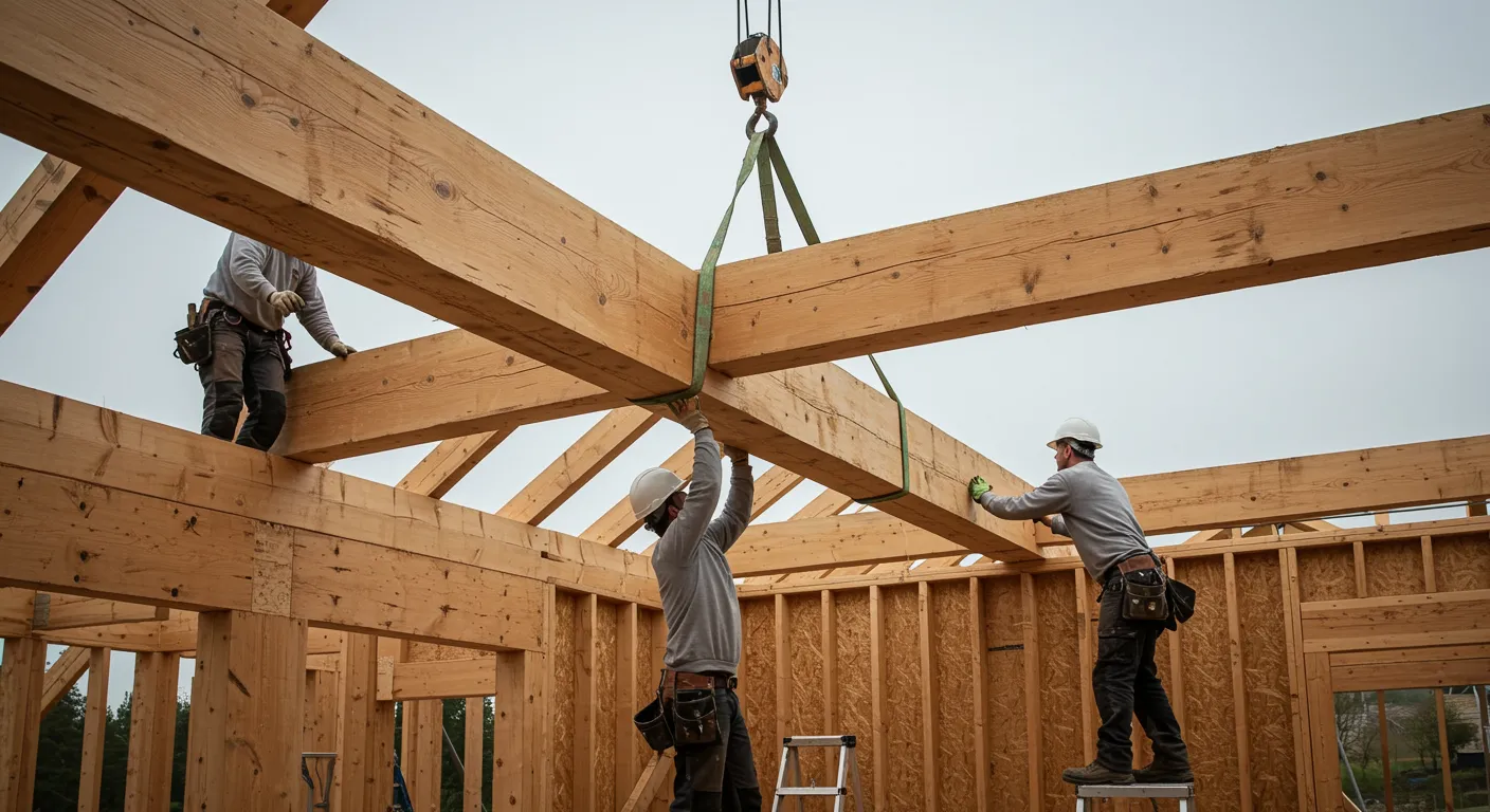 img seccion 1 "Carpinteros profesionales instalando una viga glulam en una casa de madera moderna en construcción, utilizando una grúa y asegurando tornillos en un ambiente de trabajo dinámico."